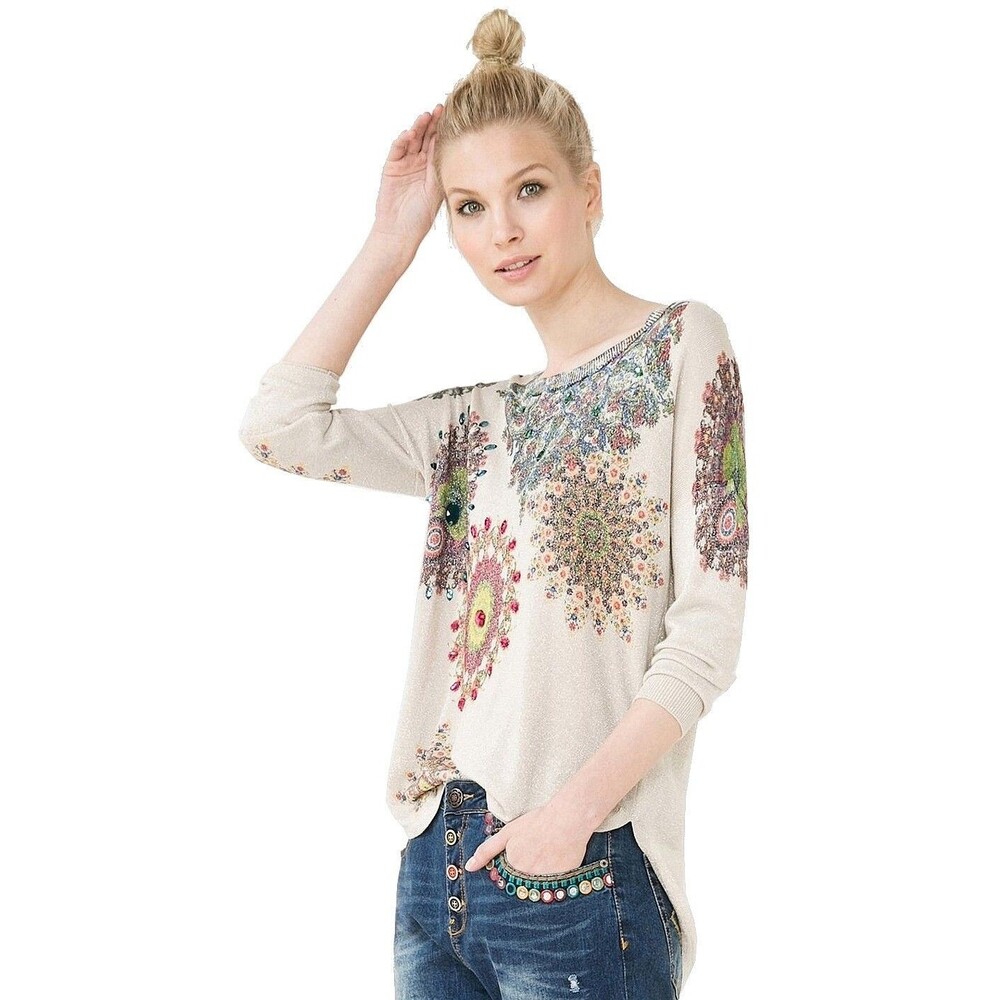 Woman  DESIGUAL Sweater Hip Jewels Boho Sz Sm  Gold thread Gorgous
